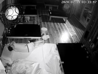 黑客破解网络摄像头监控偷拍饭店晚上打烊以后老板和媳妇在餐台旁边床铺上做爱